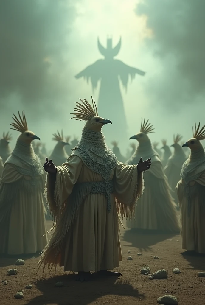 The scene is atmospheric and open, ancient sacrificial pictures, smoky and full of smoke, birds in human clothes dancing, worshiping Sunday, (detailed costume details, detailed clothing light sense), faintly appearing, detailed bird feather details, cumbersome and complex picture feeling, (full of weird and mysterious pictures), the background is cloudy, photos are realistic, 8k,