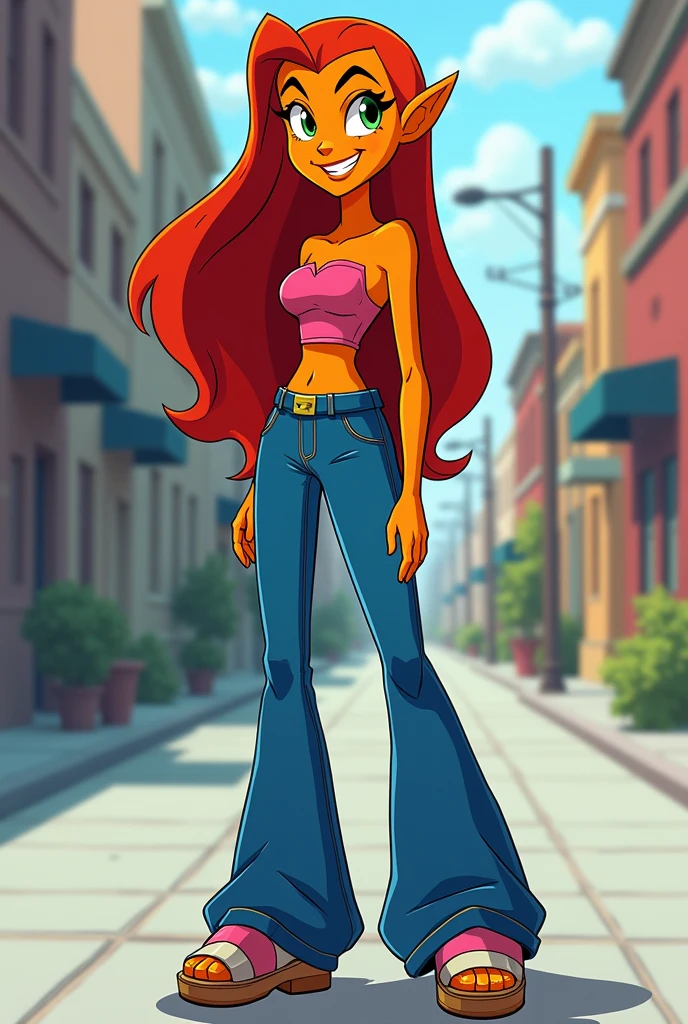 Teen Titans cartoon character Starfire wearing wide leg denim pants, a tube top and platform sandals