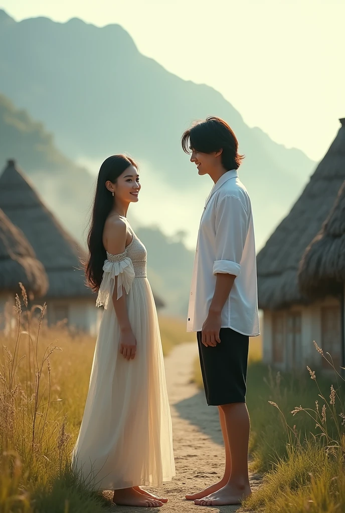 
a beautiful woman with long flowing black hair, smooth and soft, with a naturally beautiful face with brownish corneas, wearing a long elegant and charming dress, barefoot, smiling sweetly standing facing the camera, the charm of a beautiful Korean woman with a naturally beautiful face, standing and smiling at her a handsome Korean man with long hair, wearing a white shirt, short black pants and barefoot, the background is a beautiful natural charm in a Wae Rebo village with typical buildings made of thatch and cone-shaped down to the ground, nature is still beautiful and The enchanting mountain background is covered in mist in the morning, the morning sunlight penetrating the mist adds to the beauty, very realistic, cinematic