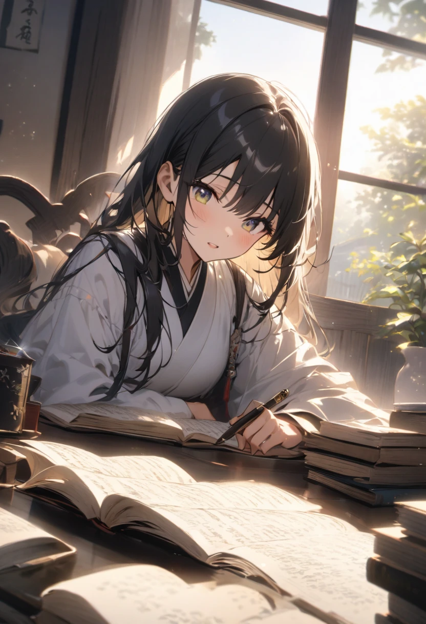 In the quiet study、The swordsman『Book of Five Rings』is writing。In the background, soft light shines through the window.