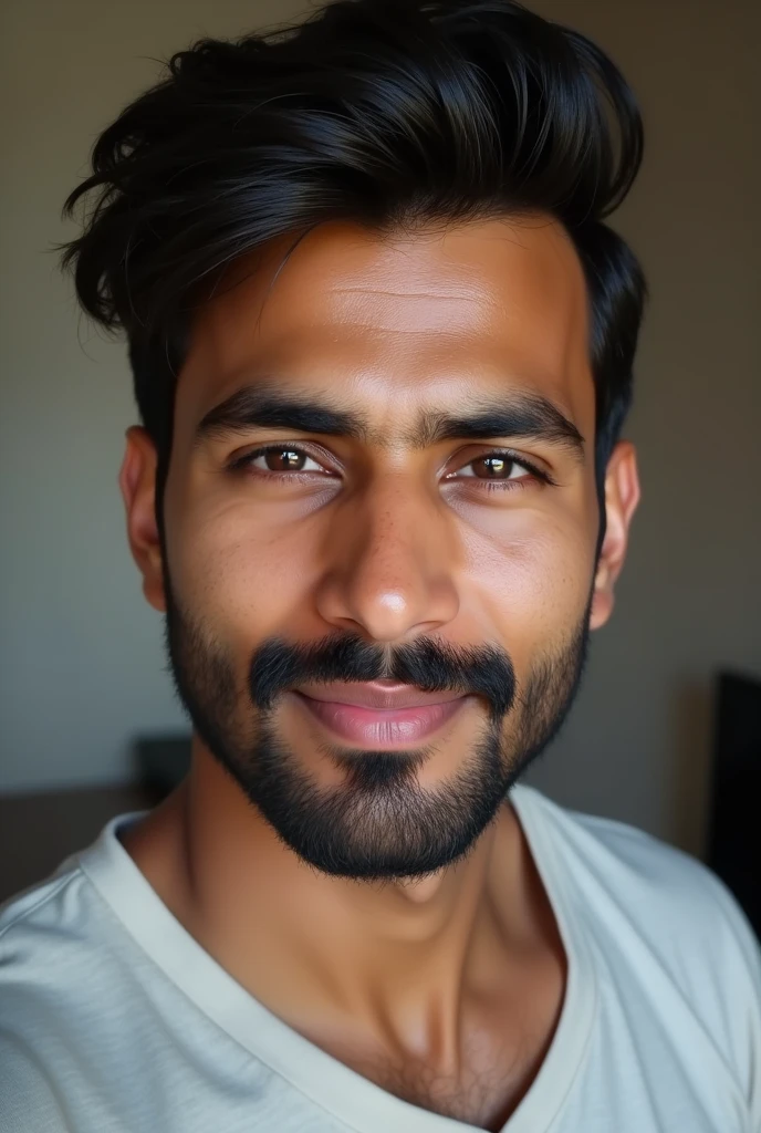 a handsome young Indian man with a bit of beard who is 2, posing for a selfie. Taking a realistic selfie