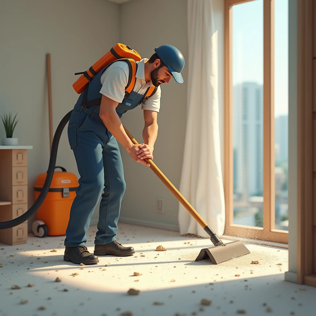 "Professional debris cleanup service. The image should show a technician meticulously cleaning up construction or renovation debris without using a vacuum cleaner. The technician should be using a broom, dustpan, and hand tools to collect and remove dust and small particles from a floor. The setting could be a residential or commercial space where the technician is ensuring the area is spotless after work. Emphasize the thoroughness of the cleanup process, highlighting the technician's attention to detail and commitment to leaving the space clean and orderly."
