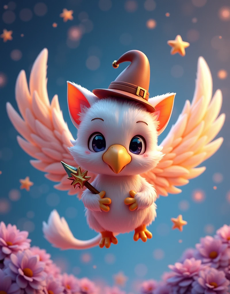 digital 3D artwork, a cute chibi griffin with eagle beak holding magician wand and wear magician hat, she is flying, stars popping arround her