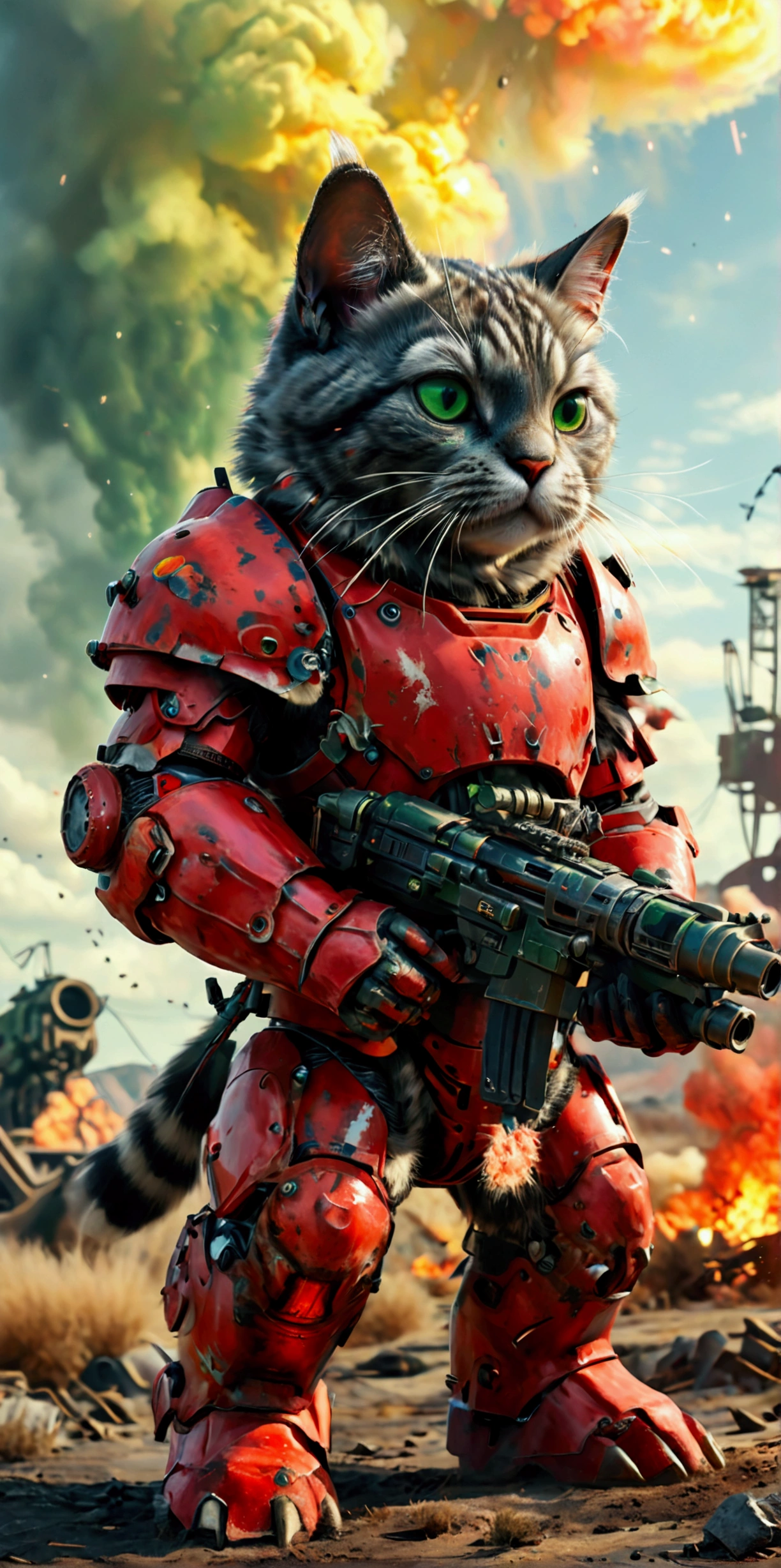 Create a cat breed (British lop-eared). Plain dark grey orcas. with green eyes.  He stands on two legs, all in power (power armor) Armor (armor of red color) from the game Fallout. With a m134 minigun in his hands. Against the backdrop of a nuclear post-apocalypse. Or a nuclear mushroom cloud. Very colorful picture. 4k. 
