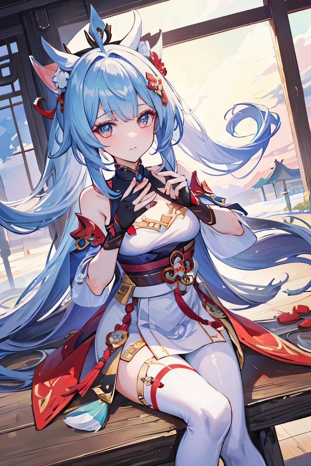 natta,themoon,game scenes,Ancient Chinese palaces are located above the clouds,Surrounded by clouds,Teenage girl,having fun,glazed tiles,lanterns,sheer transparent clothes,glyptic,((Color ink)),( (Splash ink ) ), ((Splash ink) ink})), tmasterpiece,high high quality,Beautiful graphics,high detal