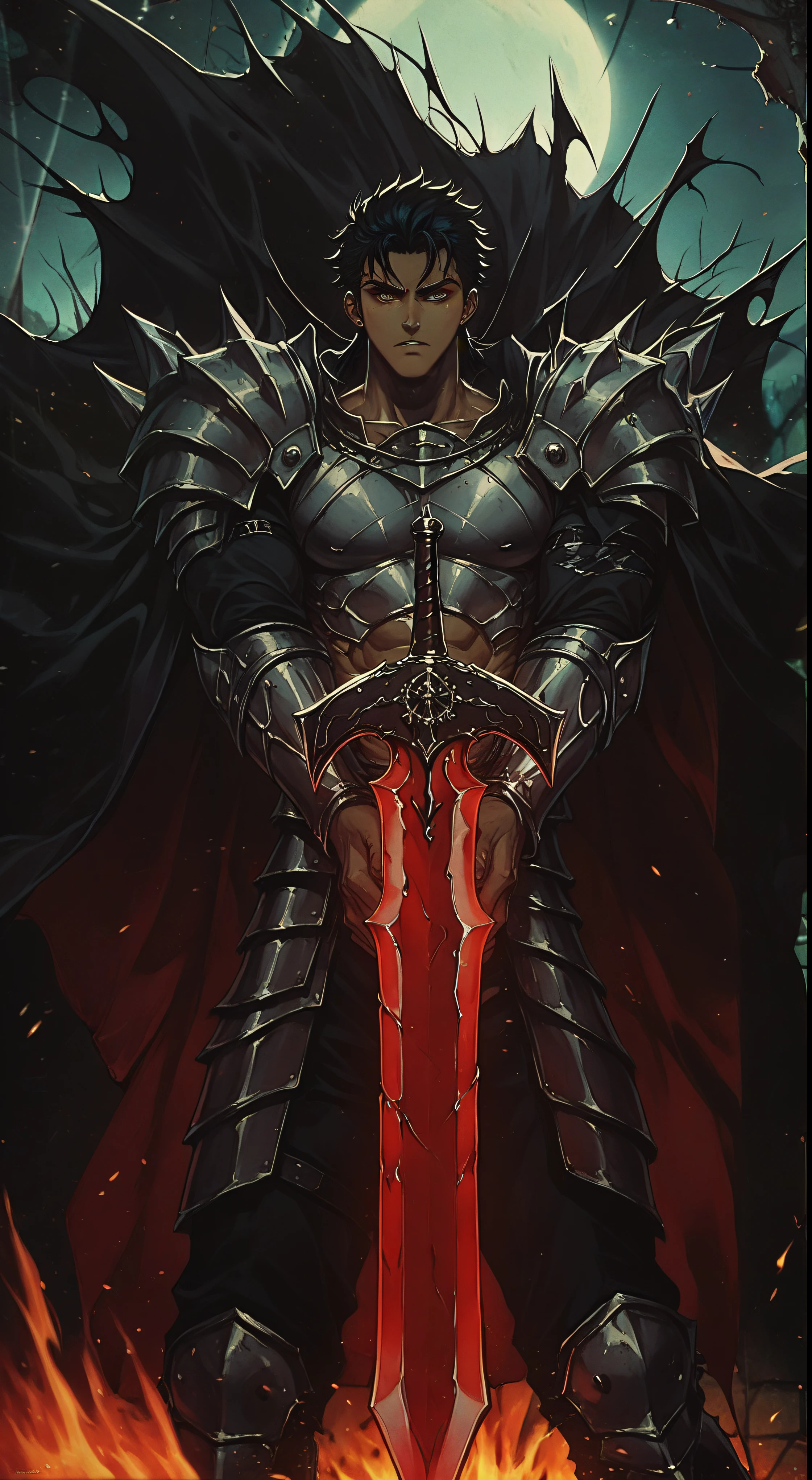 a close up of a person holding a sword in a fire, berserk skullknight black armor, dark skin,berserk art style, handsome guy in demon slayer art, male paladin, a human male paladin,hair tied back, by Yang J, ares with heavy armor and sword, anthropomorphic raven knight, with large sword, epic fantasy art style, holds a black sword