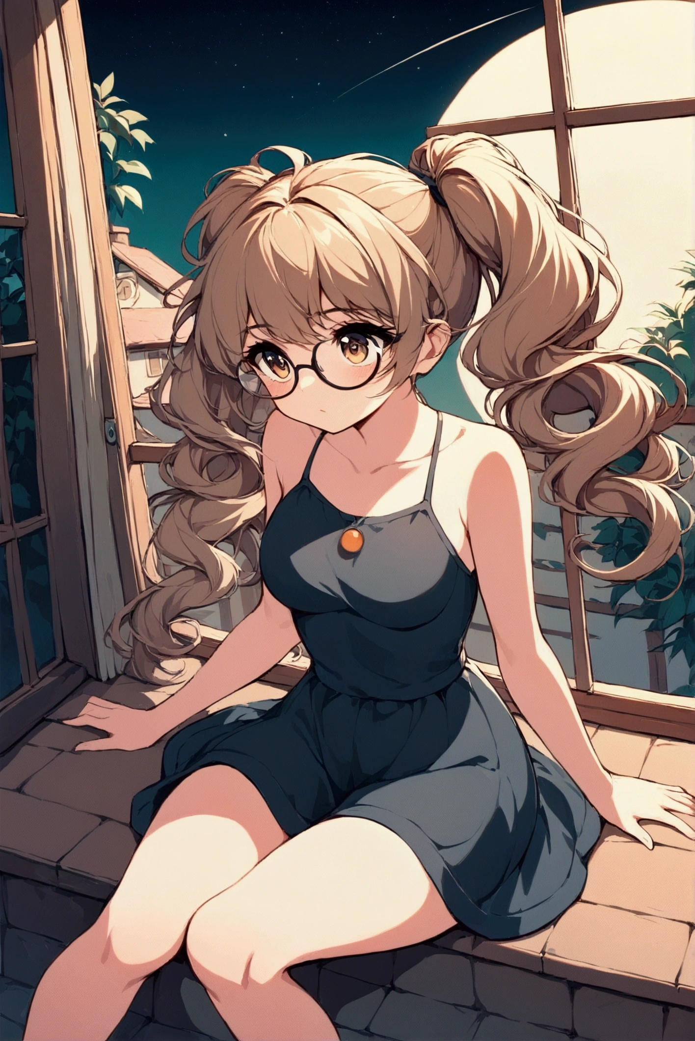 &quot;Depicting a peaceful night scene，Girl sitting on the windowsill in a residential area，Legs hanging out of the window casually，Holding hands on the window，Staring into the distance。Her light brown curly hair, twin ponytails, flowed gently in the wind，Wearing thick-framed black large round glasses，The scene is shown from a low altitude perspective，The background is a starry sky，The surrounding residential area is quiet and peaceful，Street lights in the distance give off a soft glow。Xiaoxuan&#39;s expression is calm，Reflecting a moment of contemplation and tranquility，NSFW