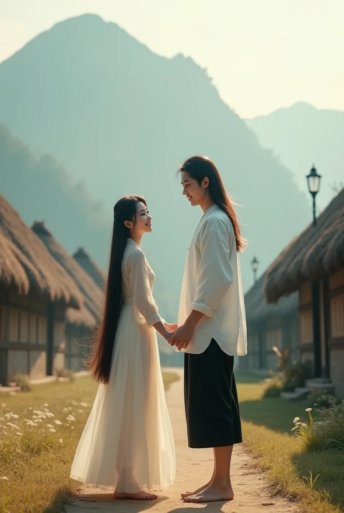 
a beautiful woman with long flowing black hair, smooth and soft, with a naturally beautiful face with brownish corneas, wearing a long elegant and charming dress, barefoot, smiling sweetly standing facing the camera, the charm of a beautiful Korean woman with a naturally beautiful face, standing and smiling at her a handsome Korean man with long hair, wearing a white shirt, short black pants and barefoot, the background is a beautiful natural charm in a Wae Rebo village with typical buildings made of thatch and cone-shaped down to the ground, nature is still beautiful and The enchanting mountain background is covered in mist in the morning, the morning sunlight penetrating the mist adds to the beauty, very realistic, cinematic