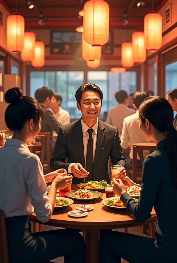 Japanese Izakaya Dinner party Japanese man suit、company employee、2 people in their 30s、Japanese women、2 people in their 30s、blouse、pants suit