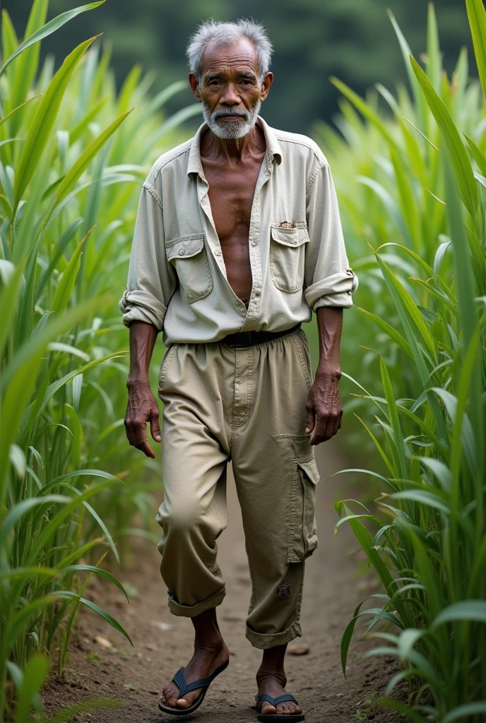 an Indonesian man, looking for grass, torn white shirt, torn trousers, wearing flip-flops