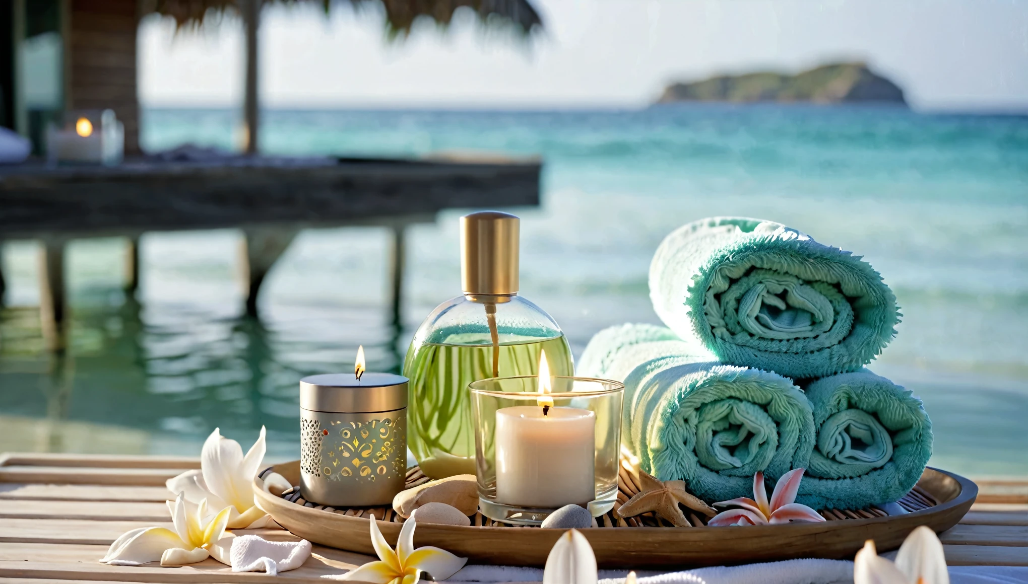 towel, Candles and perfume bottles on a tray。, beach vibes, relax, Beautiful shots, Relax!, serene beach vibes, Soft glow, relax atmosphere, Morning Glow, Summer setting, relax environment, Beautiful views, very relax, Holiday season, in a beachfront environment, spa, Detailed local information, Excellent detail, Beautiful appearance, beach vibes medium shot, Seaside