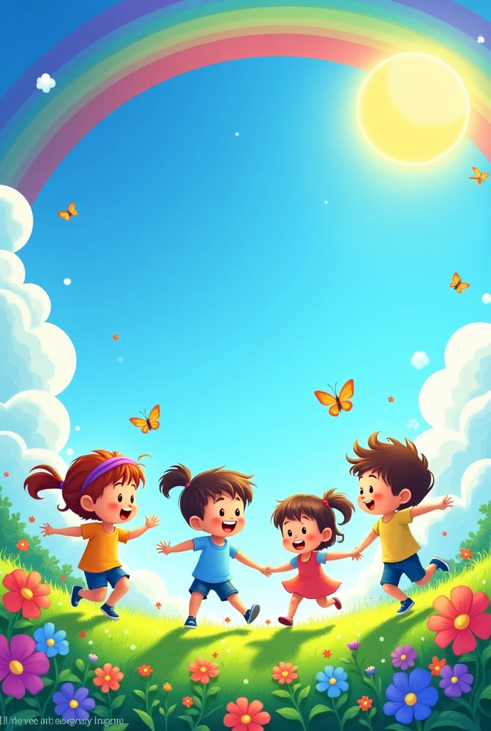 Poster-sized image with a blue sky, rainbow, sun, colorful flowers, butterflies,colorful grass birds and little children playing animatedly representing spring.