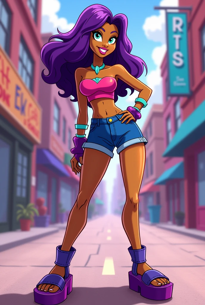 Teen Titans cartoon character Starfire wearing wide leg denim daisy dukes shorts, a tube top and platform sandals