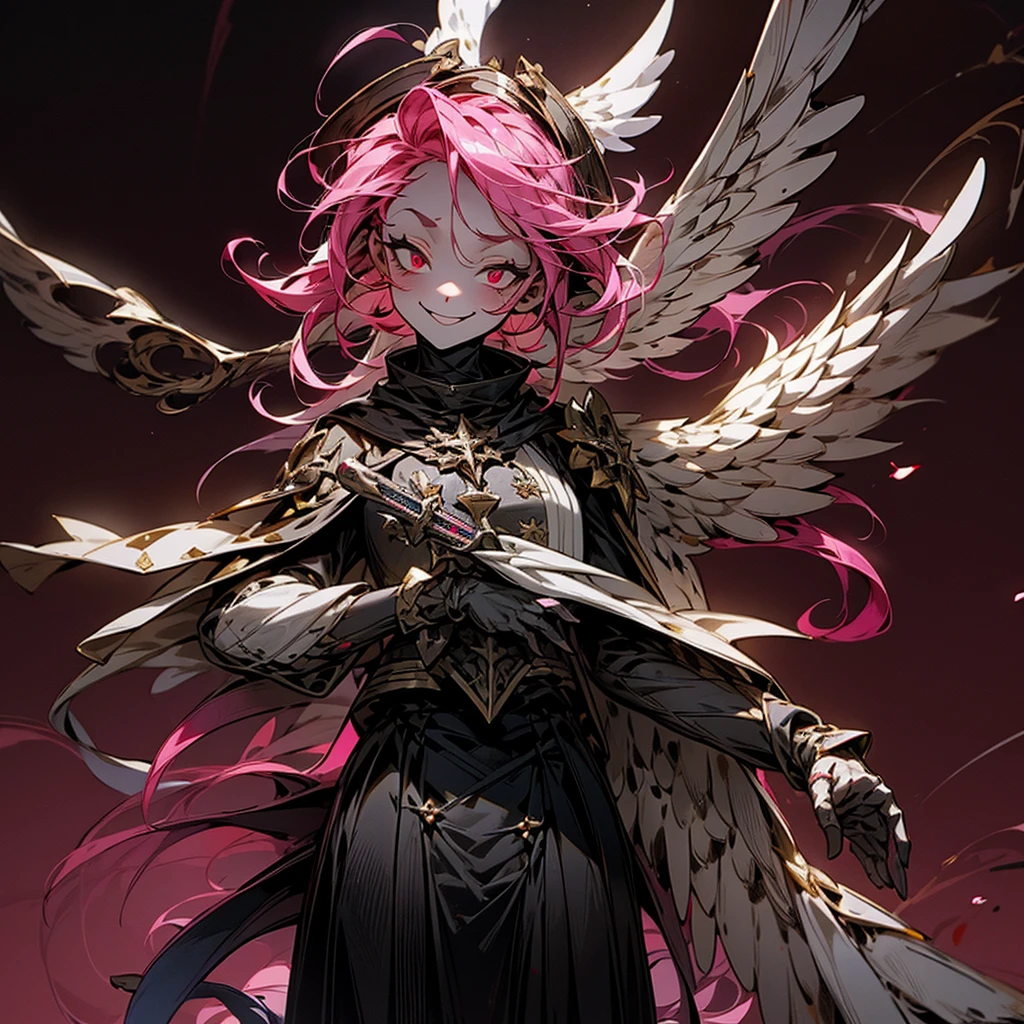 (hyper super ultra detailed perfect piece), illustration, Masterpiece, very fine 8K CG, (Woman, massacre, 1 tail pink hair, Red eye ,Cute, horror smile, in school uniform, Bloody arms, Blood tail), Glowing eyes, (Horror \(Theme\), (((Flat background))), Space background, INFO , Clerical Black Cope Vestment Chasuble , provocative smile, closed mouth, (evil:1.2) , Energy Wing