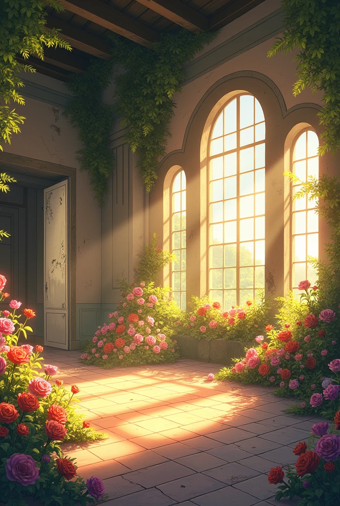 Inside the abandoned room、There are many windows、(The walls are collapsing:1.7)、White Room、peace、The morning sun is shining and it's bright、(Colorful beautiful flowers in full bloom on the ground and walls々is blooming:1.8)、There is no one、front、high resolution、16:9、Ghibli style