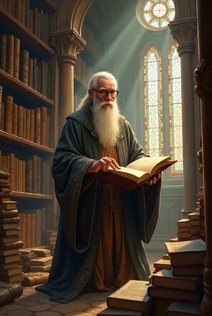 Keeper of knowledge in a library manages old knowledge and passes it on in modern form