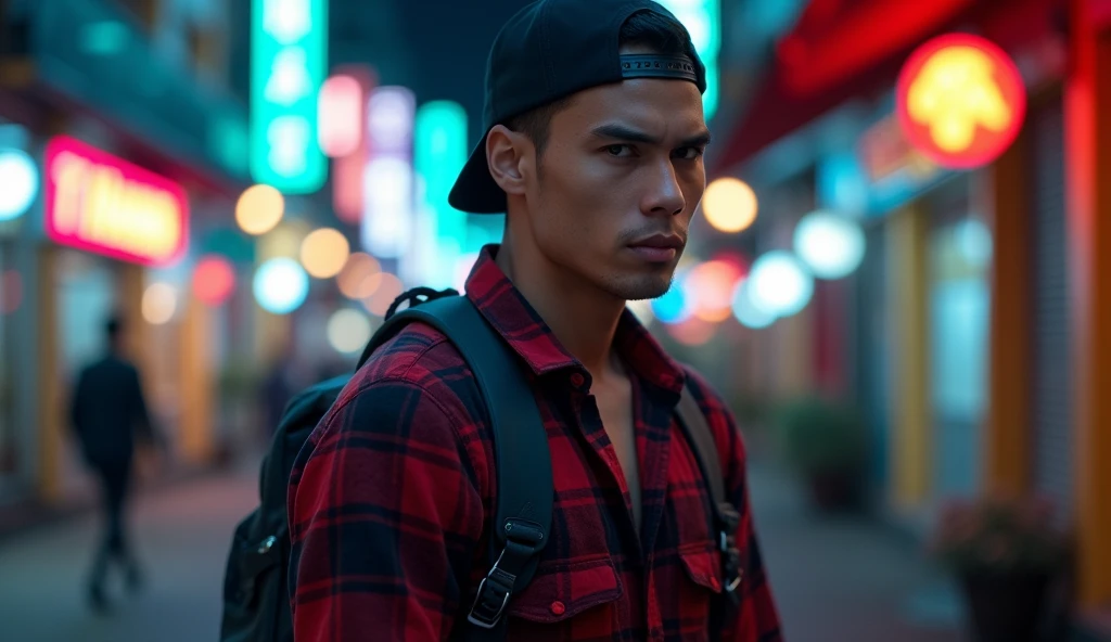 Hyper realistic, a 2 Indonesia man walking on the neon cyberpunk street, ideal body, look straight ahead, wearing dark red flannel shirt and dark ripped jeans pants and black hiking hi-shoes with black backward trucker hat, wear dark leather backpack, wear headphone, masculine photoshoot pose, arrogant man expression, romantic, Bandung night town as background. Use soft photography lighting. top lighting. top lighting, slide lighting, high quality photos, UHD, 64k. shot with Canon EOS 5D Mark IV, cinematic portrait, Realistic face, not changing face, no mustache, Real photo, unchanging face, background change. Real Picture 8k ultra, man, gamer, hyper detailed, sharp focus, studio photo, intricate details, highly detailed, photo real, bright colors, digital graphics, unreal engine, blender art, perfect composition, octane rendering, masterpiece, sharp focus, high detail, art station, concept art, perfect composition, a model of ultra-high quality and clarity, perfect play of light and shadow, 32k UHD, hyper-detailing, complex artistic masterpiece, ((best quality)), ((masterpiece)), (detailed), perfect face