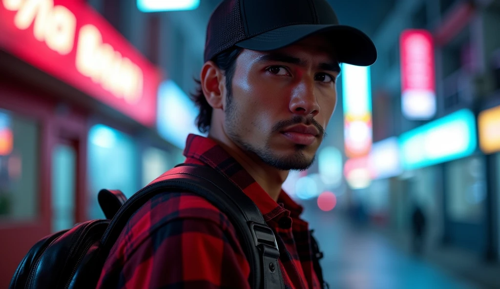 Hyper realistic, a 2 Indonesia man walking on the neon cyberpunk street, ideal body, look straight ahead, wearing dark red flannel shirt and dark ripped jeans pants and black hiking hi-shoes with black backward trucker hat, wear dark leather backpack, wear headphone, masculine photoshoot pose, arrogant man expression, romantic, Bandung night town as background. Use soft photography lighting. top lighting. top lighting, slide lighting, high quality photos, UHD, 64k. shot with Canon EOS 5D Mark IV, cinematic portrait, Realistic face, not changing face, no mustache, Real photo, unchanging face, background change. Real Picture 8k ultra, man, gamer, hyper detailed, sharp focus, studio photo, intricate details, highly detailed, photo real, bright colors, digital graphics, unreal engine, blender art, perfect composition, octane rendering, masterpiece, sharp focus, high detail, art station, concept art, perfect composition, a model of ultra-high quality and clarity, perfect play of light and shadow, 32k UHD, hyper-detailing, complex artistic masterpiece, ((best quality)), ((masterpiece)), (detailed), perfect face