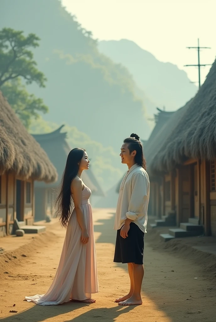 a beautiful woman with long flowing black hair, smooth and soft, with a naturally beautiful face with brownish corneas, wearing a long elegant and charming dress, barefoot, smiling sweetly standing facing the camera, the charm of a beautiful Korean woman with a naturally beautiful face, standing and smiling at her a handsome Korean man with long hair, wearing a white shirt, short black pants and barefoot, the background is a beautiful natural charm in a Wae Rebo village with typical buildings made of thatch and cone-shaped down to the ground, nature is still beautiful and The enchanting mountain background is covered in mist in the morning, the morning sunlight penetrating the mist adds to the beauty, very realistic, cinematic