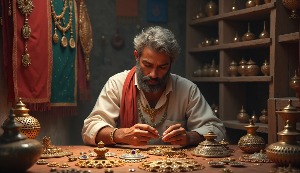 A Marwari jeweler crafting intricate designs, showcasing their expertise in the jewelry trade