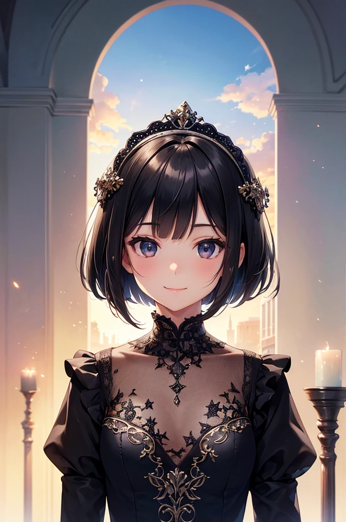 ((masterpiece, best quality, ultra-detailed, high resolution, extremely detailed CG, super detailed, Most beautiful clean lighting)), 1girl,  girl, undere girl, pretty face, smile, white skin, Beautiful black hair, hair cut in a row, bob cut, straight hair, black eyes, kawaii, slender, small build, kawaii, little body, divine garment, fantastic landscape, ultimate beauty