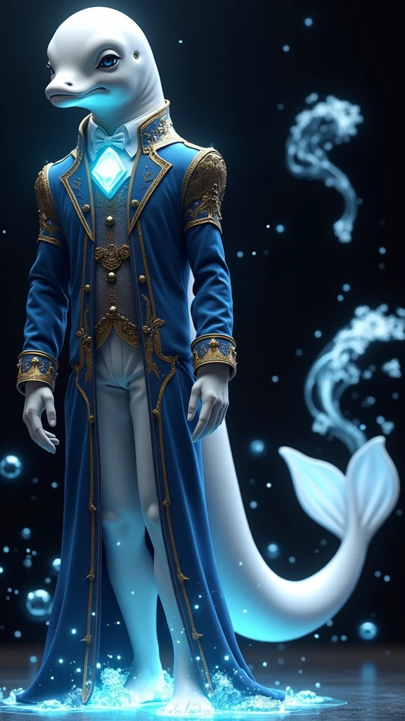 A unique being with a beluga whale's head and a tall, muscular human body. His skin is smooth and white like a beluga's. He wears a blue Victorian-era coat with gold details, and a glowing blue jewel on his chest shines like stars in the ocean's depths. His eyes, filled with blue magic, glow like the night sky. A large beluga tail extends from his lower back, and powerful water magic swirls around him, enhancing his mystical presence.