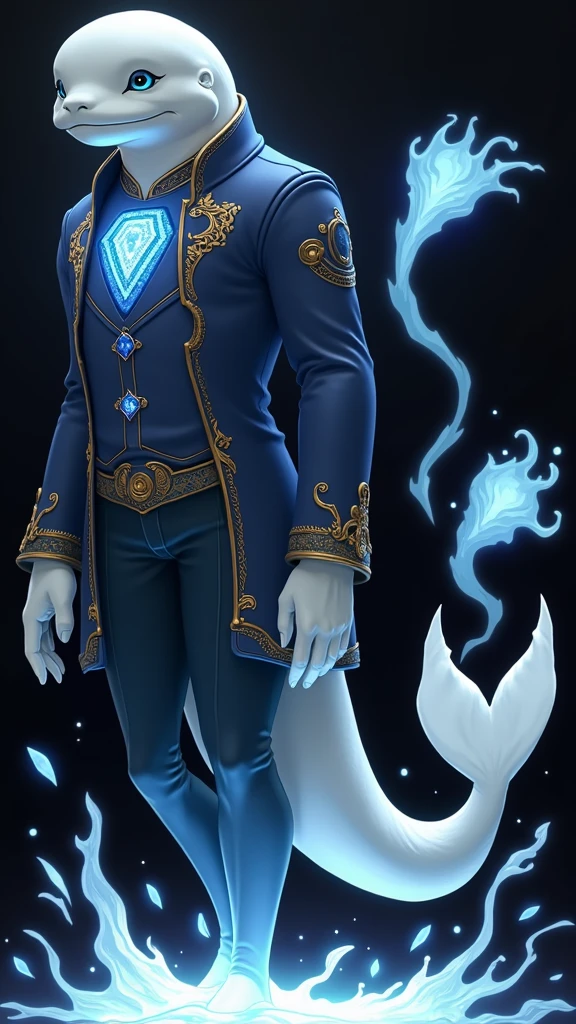 A unique being with a beluga whale's head and a tall, muscular human body. His skin is smooth and white like a beluga's. He wears a blue Victorian-era coat with gold details, and a glowing blue jewel on his chest shines like stars in the ocean's depths. His eyes, filled with blue magic, glow like the night sky. A large beluga tail extends from his lower back, and powerful water magic swirls around him, enhancing his mystical presence.