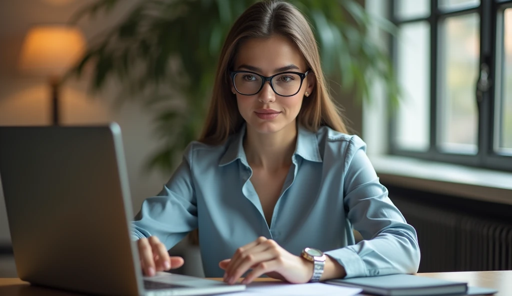 Color photo of a white American woman in an office, wearing glasses and working on her laptop. The image captures an aesthetic vibe with a modern, stylish setting, natural lighting, and a focus on the woman’s concentration and professional demeanor. Mobile photograph, camera settings: iPhone 12 Pro, VSCO Cam app, portrait mode.
