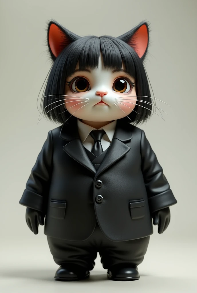 make an image of the following character with such characteristics: 30 cm tall, straight black hair, kind of fat, wears a black suit, has a cat's nose and mouth, black eyes and half human cat