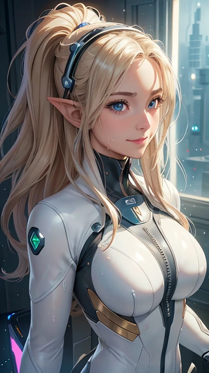 masterpiece, Highest quality, Highly detailed CG Unity 8K wallpapers,((whole body)), ((Spaceship Laboratory)), (Long pointy ears), Elegant long wavy platinum blonde hair, ((Average Chest Circumference, Self-illuminating skin)), ((A skimpy lab suit)), (( Unknown characters written on various parts of the suit: 1.2)), ((Device or cord is connected)), (Sweaty, Wet white skin), (Mechanical Headgear), (blush), , (Captivating smile), cute, Symmetrical face, fine grain, Key Art, Awards, intricate detail realism hdr, Photorealism, Hyperrealism, Ultra-realistic, Dramatic Light, Strong Shadows, Nice views, Written boundary depth