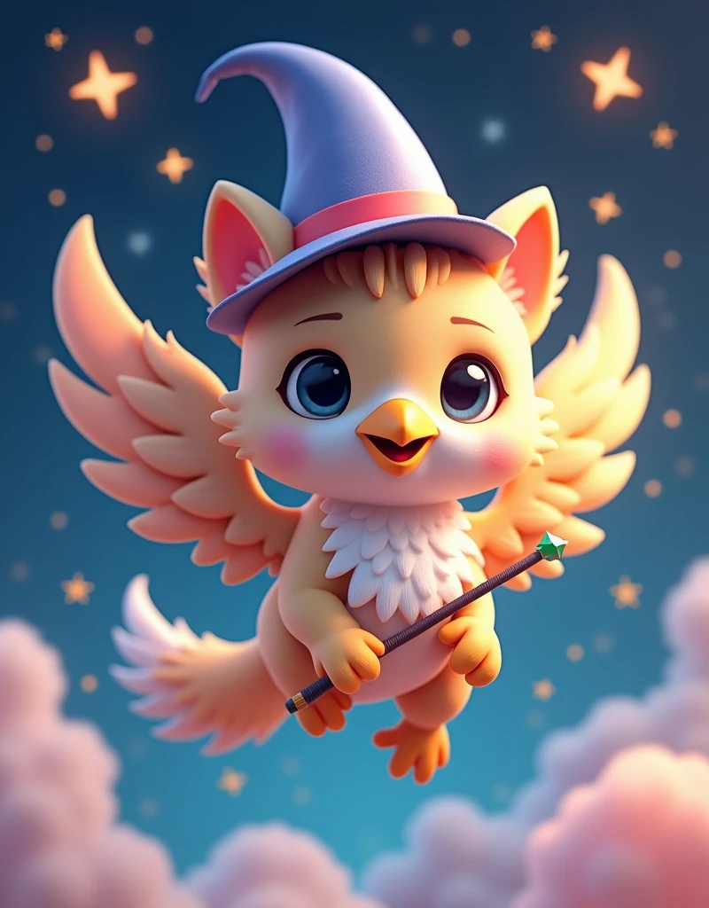 digital 3D artwork, a cute chibi griffin with eagle beak holding magician wand and wear magician hat, she is flying, stars popping arround her