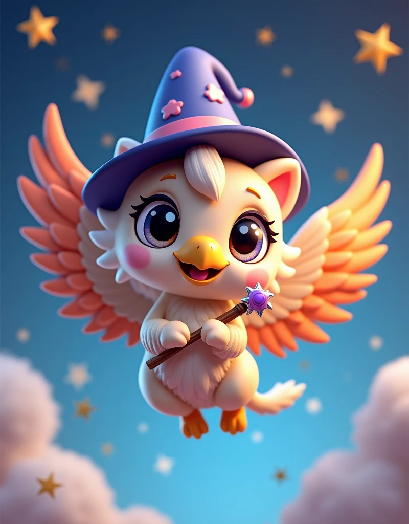 digital 3D artwork, a cute chibi griffin with eagle beak holding magician wand and wear magician hat, she is flying, stars popping arround her