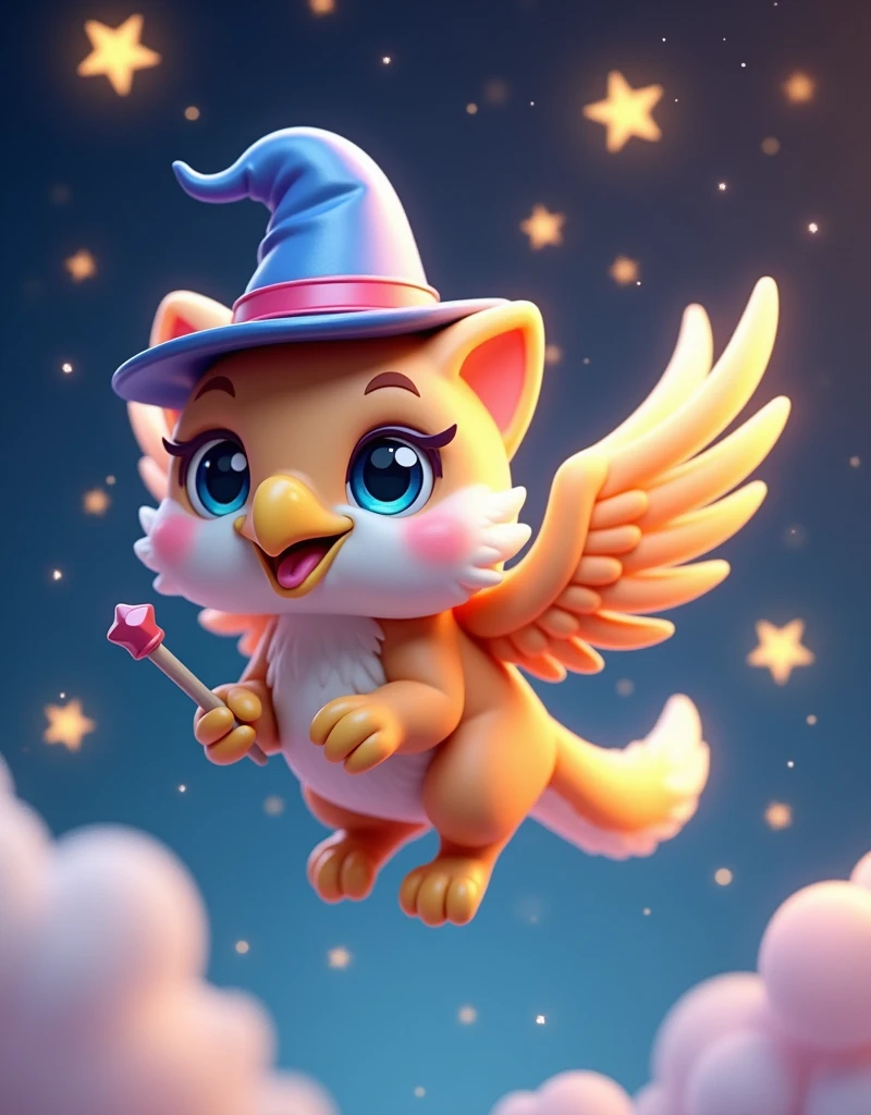 digital 3D artwork, a cute chibi griffin with eagle beak holding magician wand and wear magician hat, she is flying, stars popping arround her