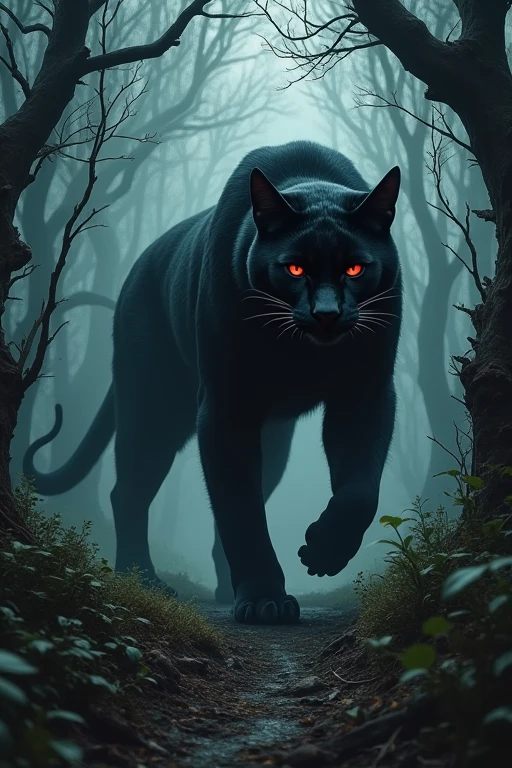 ((Highest quality)), ((masterpiece)), (detailed), In the dark forest,Giant black cat,They're coming for us,Red glowing eyes