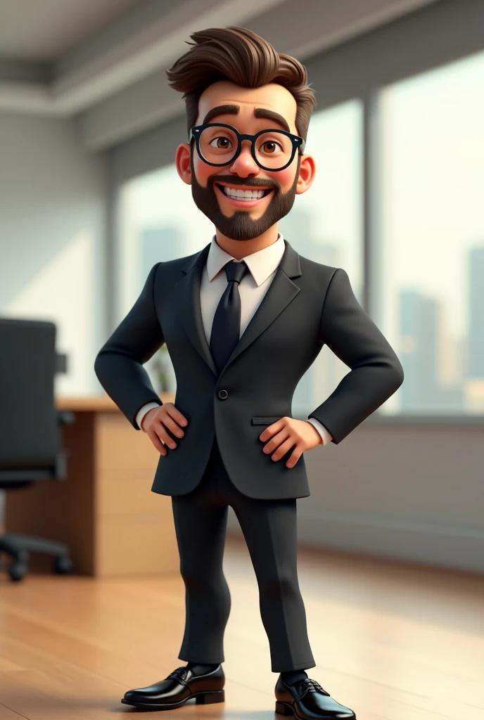 A man wear coat and tie black colour shoes shoes stream beard circle glasses and background office and smile pretty face
Animation look dashing look