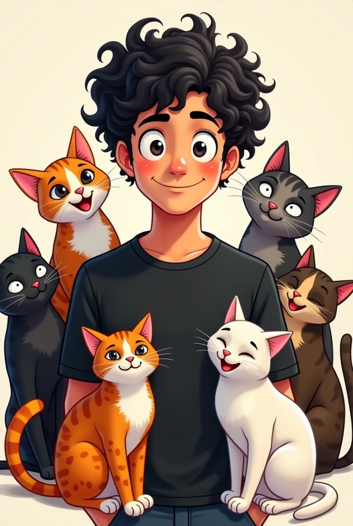 Animated、くるくるパーマのblack髪男性、服はblackのTシャツ（6 cats（Three-haired cat 2、black１、Brown tabby 1、White Tea 1）surrounded by）