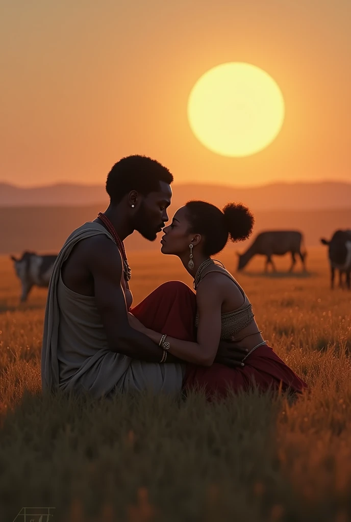 Ethiopian Couples, the man a bit huge and slim girl siting on a grass at dusk and sowing an affection to each other. The moon shines on them and there is also a walking cattles to its destination.
