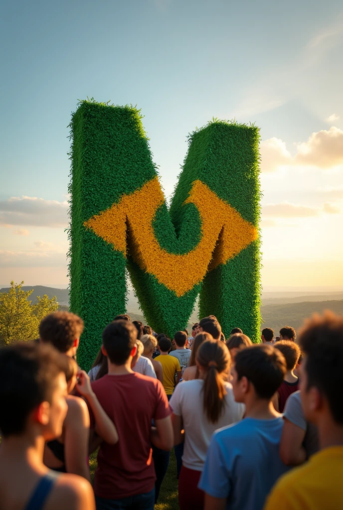 Letter M, capital letter with the colors of the Brazilian flag, 4k, realistic, cinematic, people looking and smiling, spring day, beautiful horizon in the background.