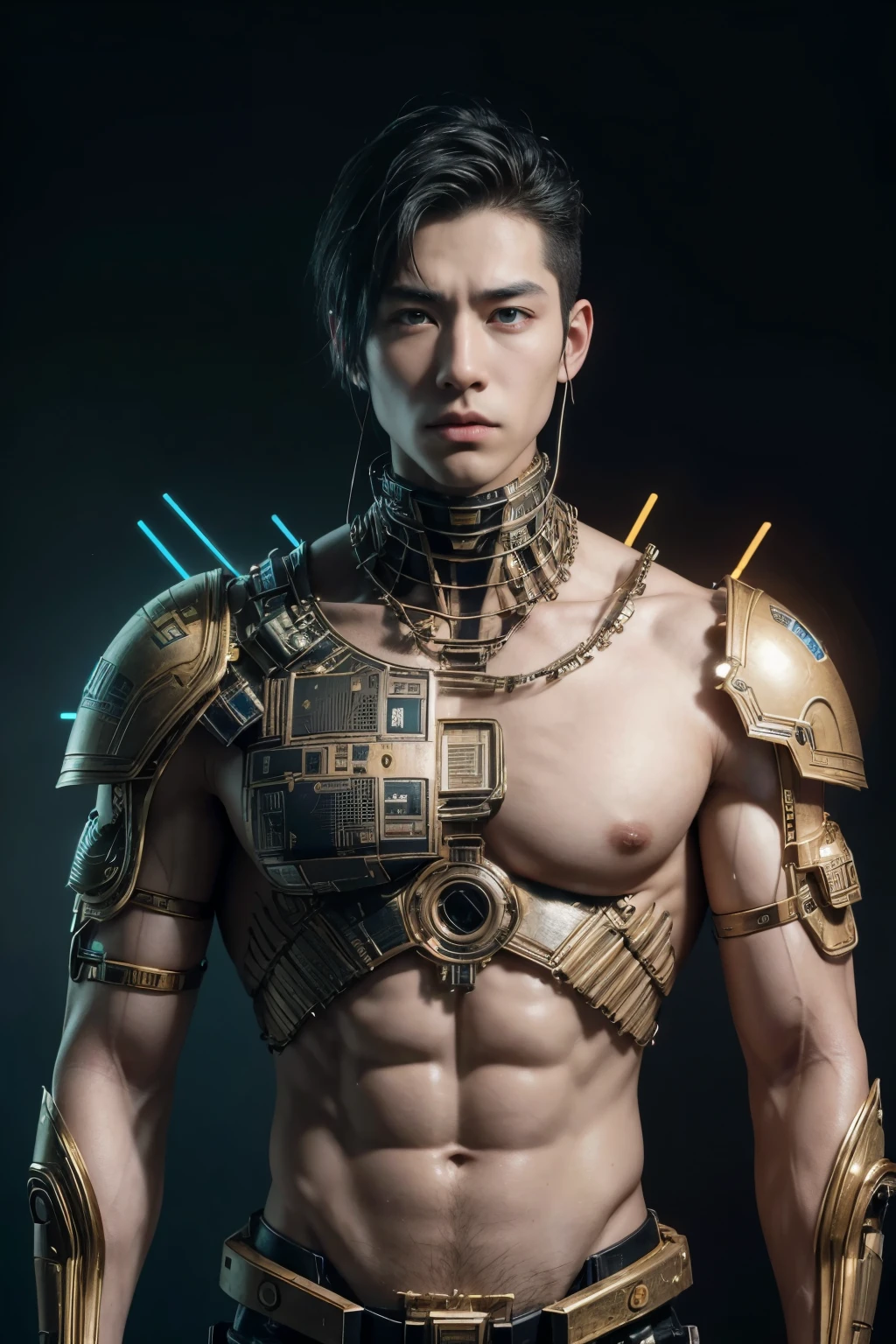 (high quality), (masterpiece), (detailed), 8K, Hyper-realistic illustration of (Japanese boy1.2) with (futuristic cybernetic enhancements1.3) integrated into his (modern attire1.2). (Ancient totem1.2) patterns glow with (neon lights1.2) on his (upper body1.2), while (papyrus-like circuitry1.2) wraps around his (toned arms1.2).