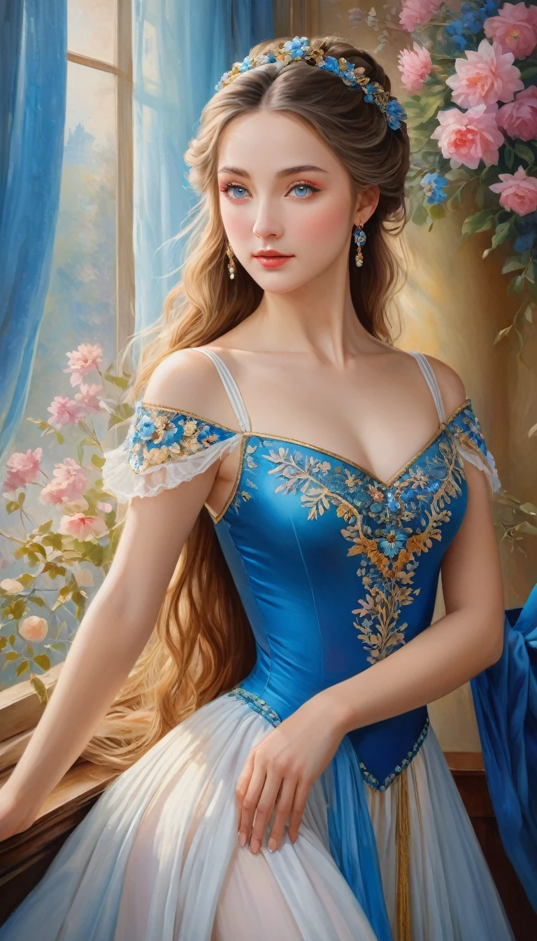 (High resolution,masterpiece:1.2),(Realistic:1.37)"(Highest quality, High resolution, Very detailed, Realistic),Portrait of a beautiful Ukrainian ballet dancer from the 19th century, (She is half Ukrainian and half Japanese., She is a beautiful woman with deep blue eyes and a high nose.:1.1), Exquisite ballet costumes, Detailed facial features, Long and graceful neck, Flowing locks of hair, Calm and elegant posture, Soft and delicate lighting, Classical Oil Painting Medium, Vibrant colors, Delicate background with floral motifs", Dreamy atmosphere, Surrealism,Mysterious Aura