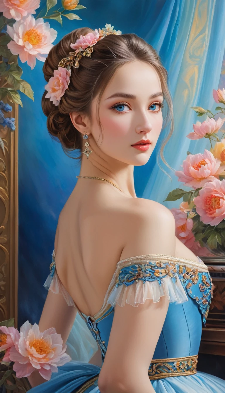 (High resolution,masterpiece:1.2),(Realistic:1.37)"(Highest quality, High resolution, Very detailed, Realistic),Portrait of a beautiful Ukrainian ballet dancer from the 19th century, (She is half Ukrainian and half Japanese., She is a beautiful woman with deep blue eyes and a high nose.:1.1), Exquisite ballet costumes, Detailed facial features, Long and graceful neck, Flowing locks of hair, Calm and elegant posture, Soft and delicate lighting, Classical Oil Painting Medium, Vibrant colors, Delicate background with floral motifs", Dreamy atmosphere, Surrealism,Mysterious Aura