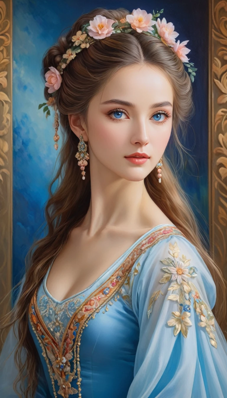 (High resolution,masterpiece:1.2),(Realistic:1.37)"(Highest quality, High resolution, Very detailed, Realistic),Portrait of a beautiful Ukrainian ballet dancer from the 19th century, (She is half Ukrainian and half Japanese., She is a beautiful woman with deep blue eyes and a high nose.:1.1), Exquisite ballet costumes, Detailed facial features, Long and graceful neck, Flowing locks of hair, Calm and elegant posture, Soft and delicate lighting, Classical Oil Painting Medium, Vibrant colors, Delicate background with floral motifs", Dreamy atmosphere, Surrealism,Mysterious Aura