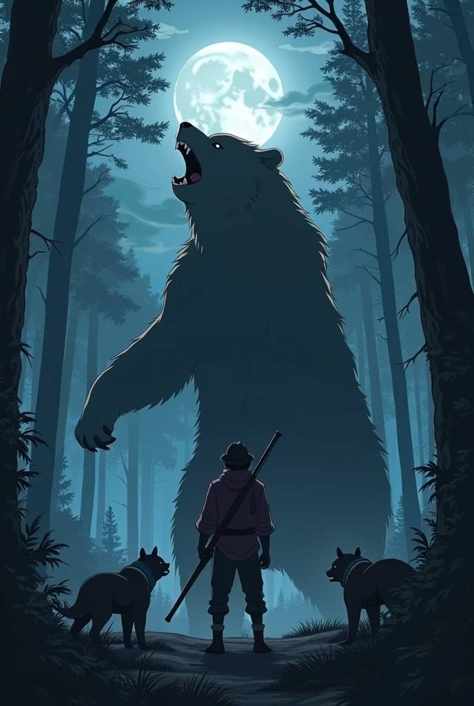 A tense and gripping scene set in a dark, dense forest, where a determined hunter stands firm, aiming his rifle at a ferocious, enormous bear. By his side, loyal bear dogs crouch low, growling and ready to spring into action. The hunter's eyes are locked on the bear, which stands on its hind legs, roaring with fury, its massive size dominating the scene. The atmosphere is charged with danger, the forest silent except for the sounds of the confrontation, with shadows and moonlight casting an eerie glow over the encounter. Anime naruto