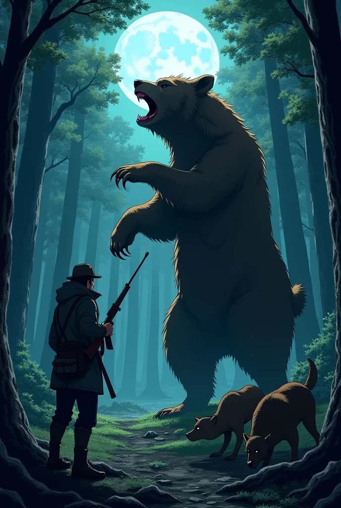 A tense and gripping scene set in a dark, dense forest, where a determined hunter stands firm, aiming his rifle at a ferocious, enormous bear. By his side, loyal bear dogs crouch low, growling and ready to spring into action. The hunter's eyes are locked on the bear, which stands on its hind legs, roaring with fury, its massive size dominating the scene. The atmosphere is charged with danger, the forest silent except for the sounds of the confrontation, with shadows and moonlight casting an eerie glow over the encounter. Anime naruto