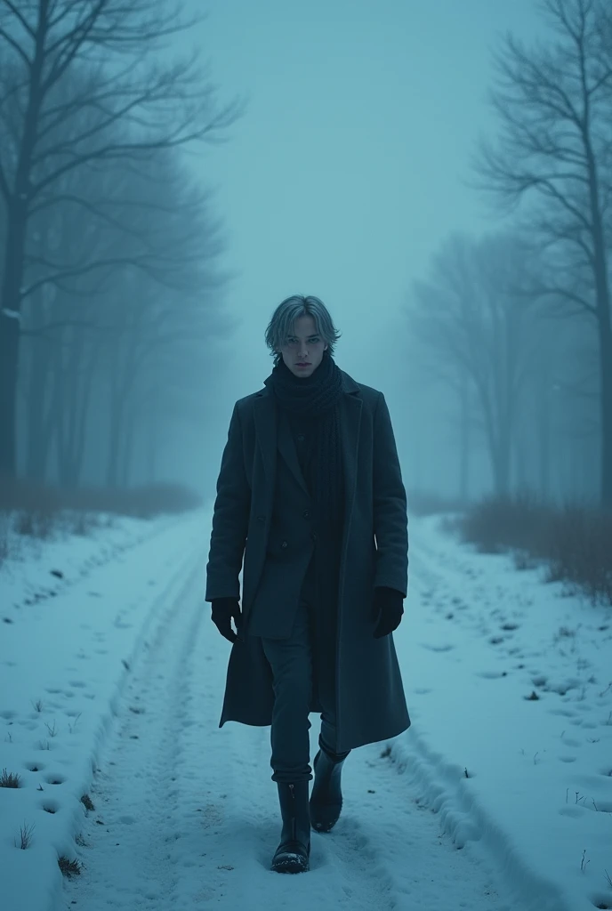 A dark cinematic scene of a beautiful young man with pale white skin,medium grey hair,bright blue eyes,with a dark grey winter outfit walking trough the snow at a foggy night