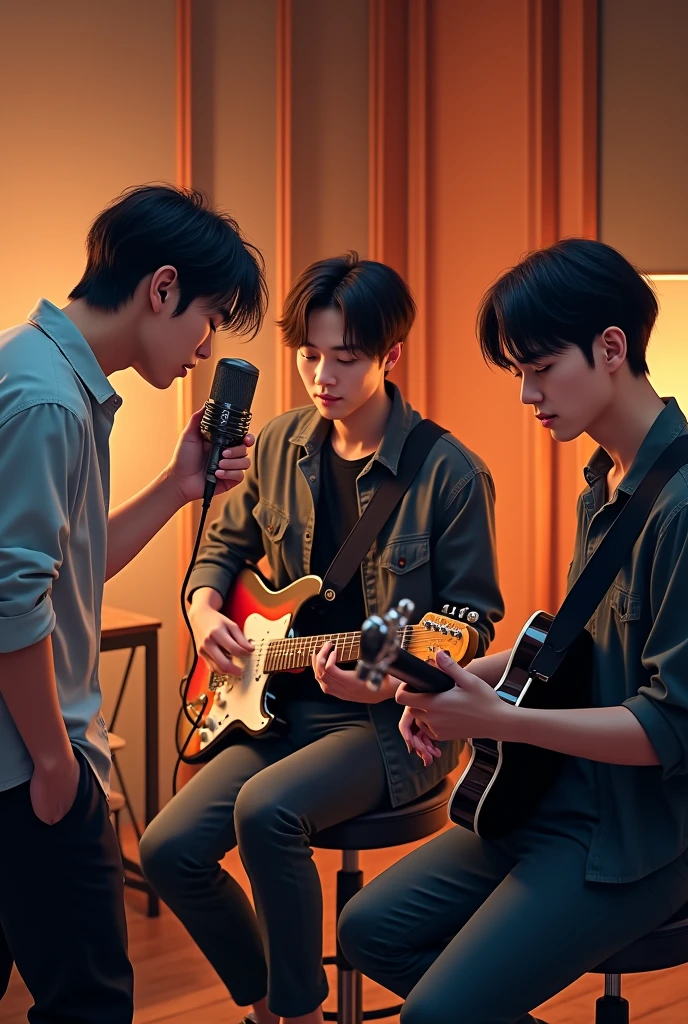 Three handsome Korean male band members are in a professional recording studio, each deeply focused on recording a song. The first member is standing in front of a microphone with headphones on, passionately singing into it. He has styled dark hair and is wearing a casual but stylish outfit. The second member, with a slightly wavy hairstyle, is seated at a mixing console, adjusting the sound levels with a serious expression. The third member, with short, sleek hair, is playing an electric guitar while sitting on a stool, lost in the music. The studio has modern equipment, acoustic panels, and warm lighting that creates an intimate atmosphere, highlighting the creative energy of the session.