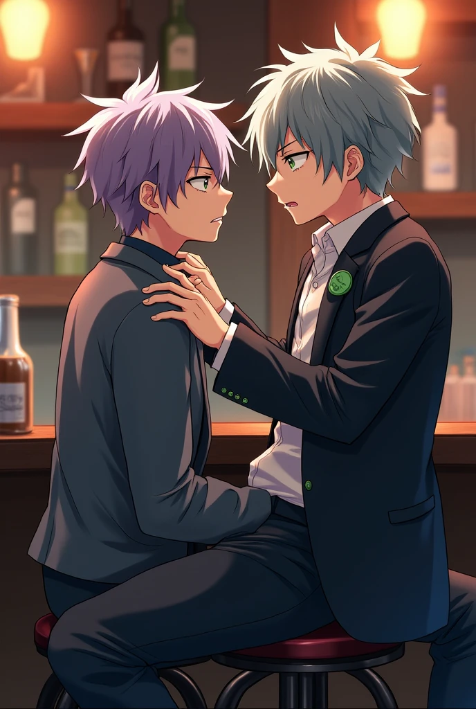 A handsome Japanese ager. Short and messy lilac hair color. yeux vert clair. tanned skin. Wear an outfit'aristocrate cool. elongate. Assis sur un bar arrogant. Another boy. short messy gray hair. green eyes. holds the seated boy's collar, annoyed. .