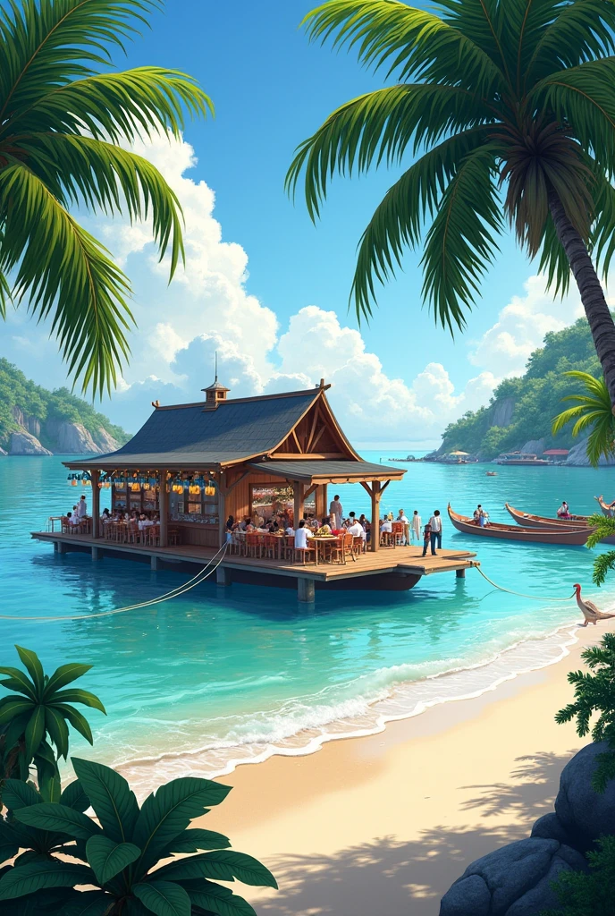 You are in a seafood restaurant floating on the beach。The environment is really beautiful。The sea is blue,Pleasant air。You can hear the sound of waves hitting the beach and the wind blowing gently。Next to the restaurant ,Coconut tree leaves swaying in the afternoon breeze,In the distance, several canoes can be seen stranded at the river mouth.。Describe atmosphere as well as color and movement by emphasizing natural panoramas。
