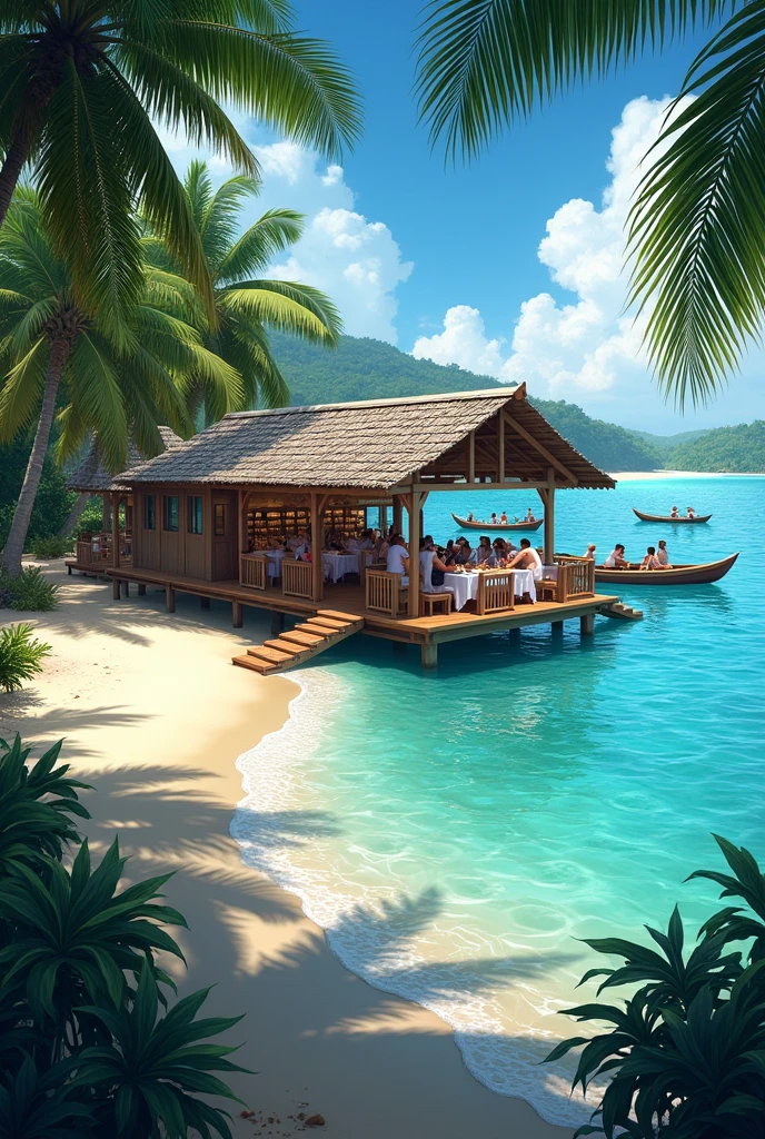You are in a seafood restaurant floating on the beach。The environment is really beautiful。The sea is blue,Pleasant air。You can hear the sound of waves hitting the beach and the wind blowing gently。Next to the restaurant ,Coconut tree leaves swaying in the afternoon breeze,In the distance, several canoes can be seen stranded at the river mouth.。Describe atmosphere as well as color and movement by emphasizing natural panoramas。