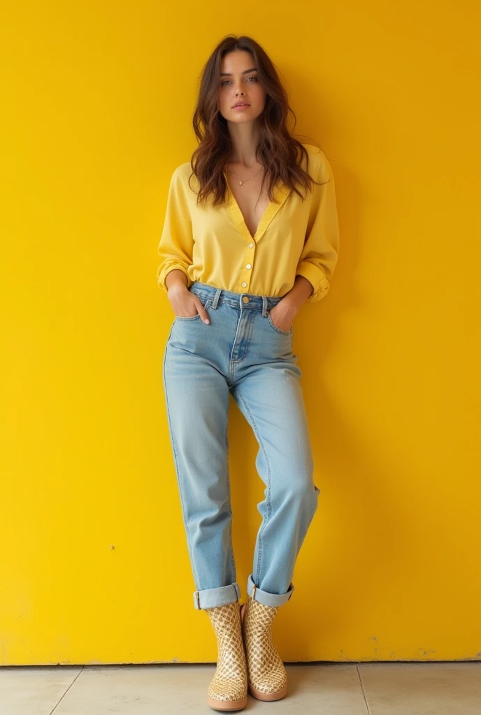 (Photorealism:1.2), beautiful woman, woman wearing galoshes, , comfortable pose, yellow wall